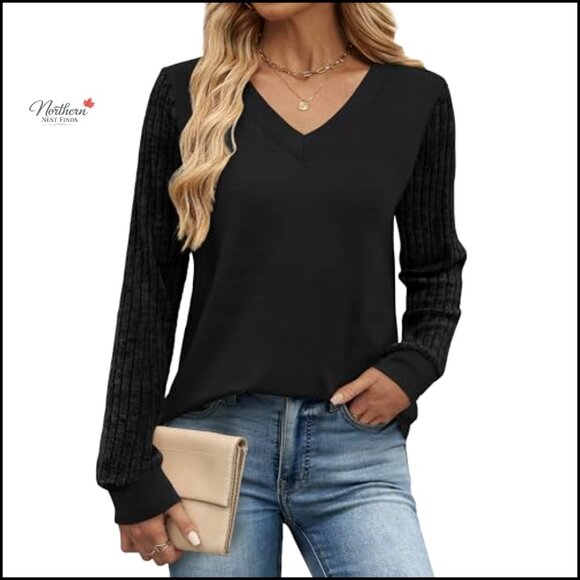 V-Neck Patchwork Tunic Sweater, Long Sleeve, Loose Fit, Polyester Rayon Spandex - Picture 2 of 7